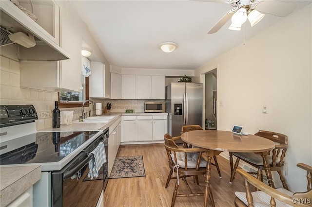 kitchen with a sink, light wood-type flooring, backsplash, under cabinet range hood, and appliances with stainless steel finishes