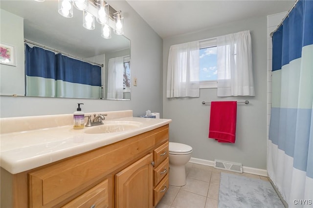full bath with toilet, tile patterned floors, visible vents, baseboards, and vanity
