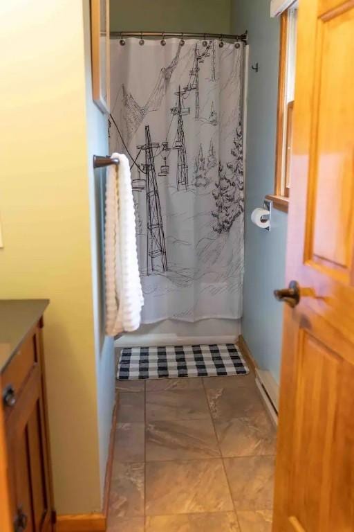7136 Maples Rd, Mansfield, NY 14755 - full bathroom featuring vanity, baseboards, and a shower with curtain