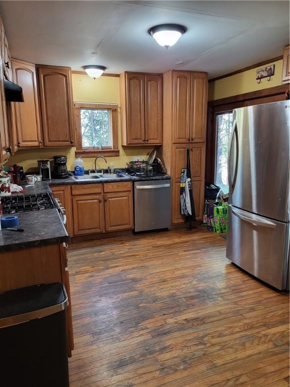 607 Kilkenny Rd, Unadilla, NY 13849 - kitchen with dark countertops, dark wood finished floors, appliances with stainless steel finishes, and a sink