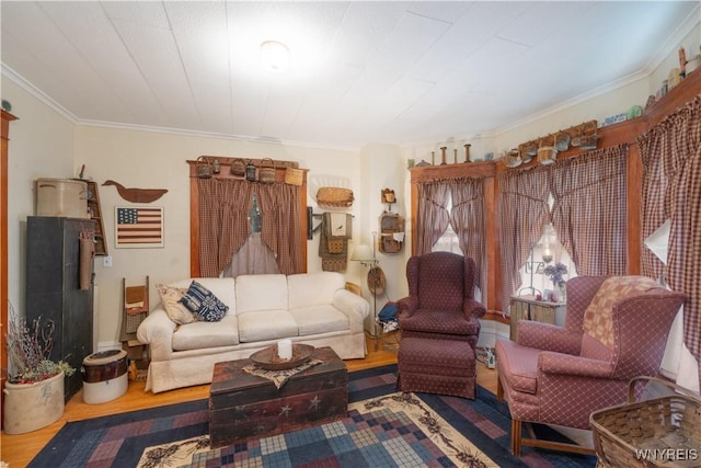 living room featuring ornamental molding and wood finished floors