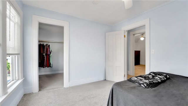 bedroom featuring carpet, a closet, crown molding, baseboards, and ceiling fan