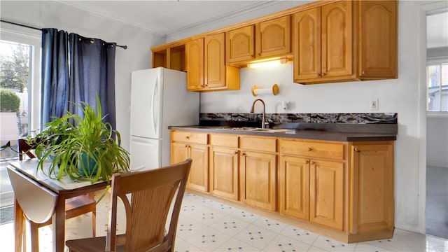 kitchen with freestanding refrigerator, dark countertops, ornamental molding, and a sink