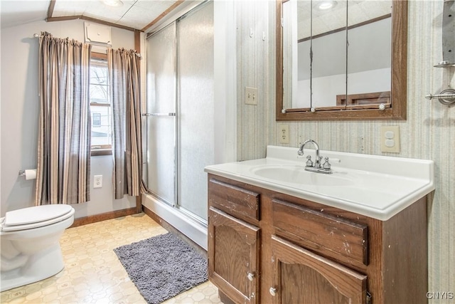108 Mechanic St, Antwerp, NY 13608 - bathroom with a stall shower, vanity, toilet, and wallpapered walls