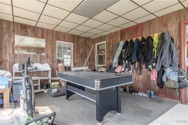 108 Mechanic St, Antwerp, NY 13608 - playroom with wood walls, carpet, and a drop ceiling