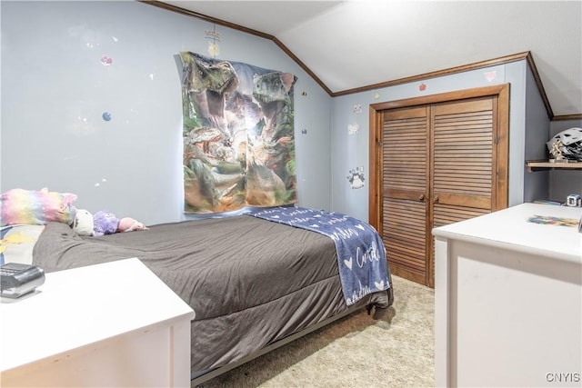 108 Mechanic St, Antwerp, NY 13608 - bedroom featuring light colored carpet, a closet, vaulted ceiling, and ornamental molding