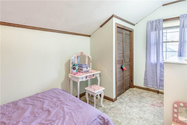 108 Mechanic St, Antwerp, NY 13608 - bedroom with lofted ceiling, a closet, baseboards, ornamental molding, and carpet flooring