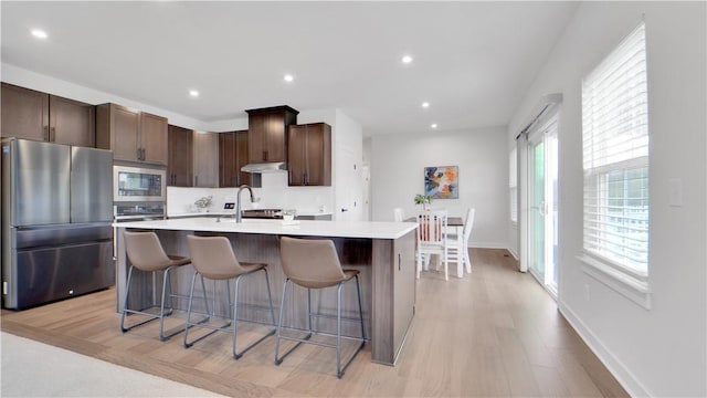 kitchen with a breakfast bar area, a sink, stainless steel appliances, a kitchen island with sink, and light countertops