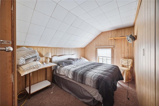 11519 E Lake Rd, Wayne, NY 14840 - bedroom with lofted ceiling, carpet flooring, and wood walls