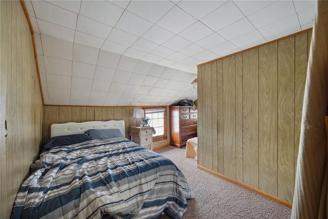 11519 E Lake Rd, Wayne, NY 14840 - bedroom with carpet, wood walls, and lofted ceiling