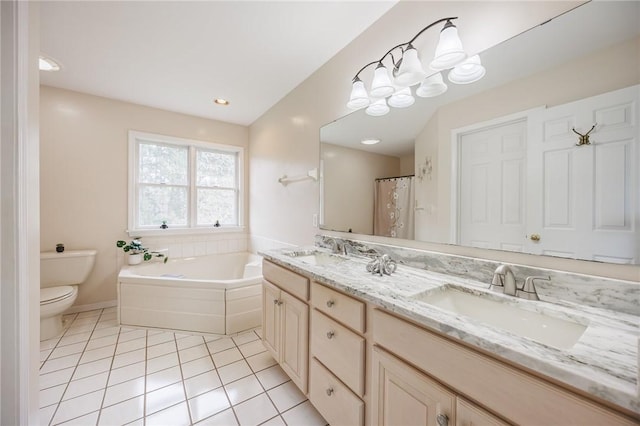 full bath with tile patterned floors, toilet, a bath, and a sink