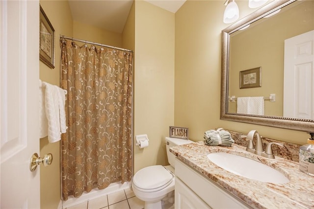 bathroom featuring toilet, a shower with shower curtain, tile patterned flooring, and vanity