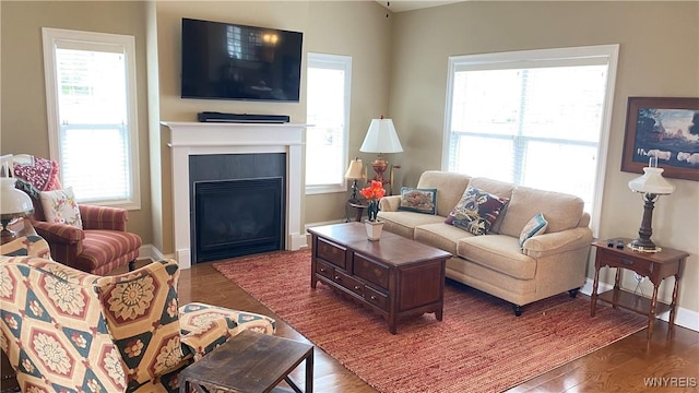 living area with baseboards, a healthy amount of sunlight, a glass covered fireplace, and wood finished floors