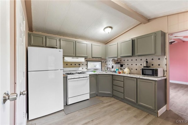 87 Kings Rd, Volney, NY 13069 - kitchen with a sink, white appliances, light wood-style flooring, backsplash, and vaulted ceiling with beams