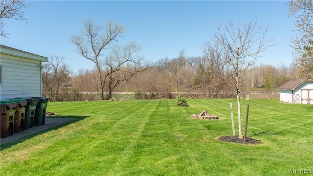 view of yard with an outdoor fire pit and an outbuilding