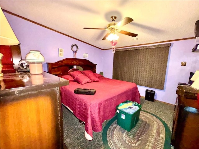 397 Jerrysmith Rd, Lansing, NY 14850 - bedroom with carpet flooring, ornamental molding, vaulted ceiling, and ceiling fan