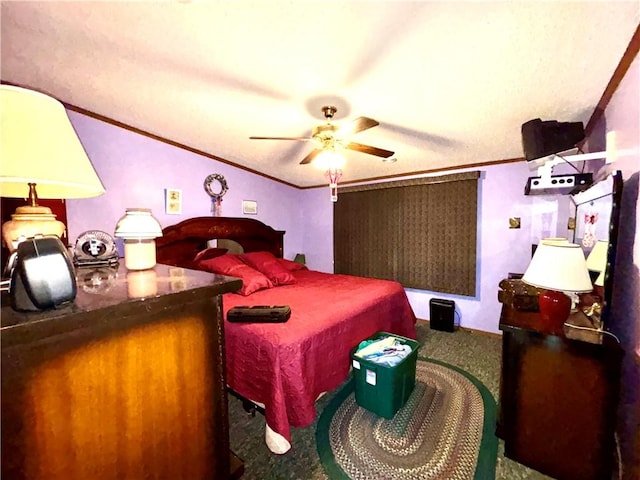 397 Jerrysmith Rd, Lansing, NY 14850 - carpeted bedroom featuring lofted ceiling, ornamental molding, and a ceiling fan