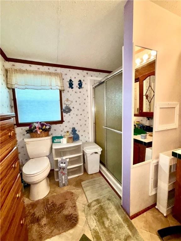397 Jerrysmith Rd, Lansing, NY 14850 - bathroom featuring wallpapered walls, toilet, a stall shower, and crown molding