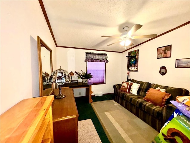 397 Jerrysmith Rd, Lansing, NY 14850 - living area featuring crown molding, a textured ceiling, and a ceiling fan