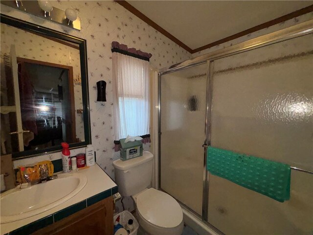 397 Jerrysmith Rd, Lansing, NY 14850 - full bathroom with lofted ceiling, crown molding, wallpapered walls, and a shower stall
