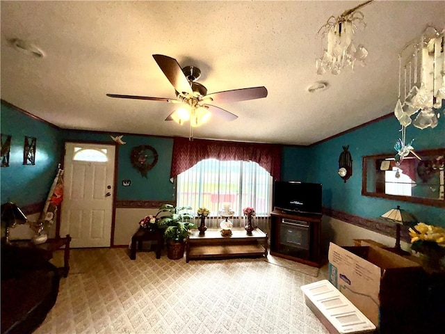 397 Jerrysmith Rd, Lansing, NY 14850 - living room featuring a textured ceiling, lofted ceiling, and ceiling fan