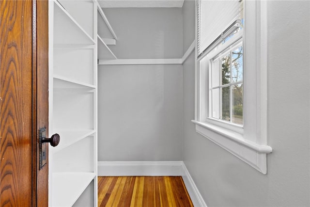walk in closet with wood finished floors