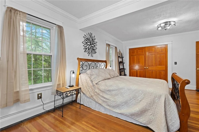 bedroom featuring multiple windows, baseboard heating, and wood finished floors