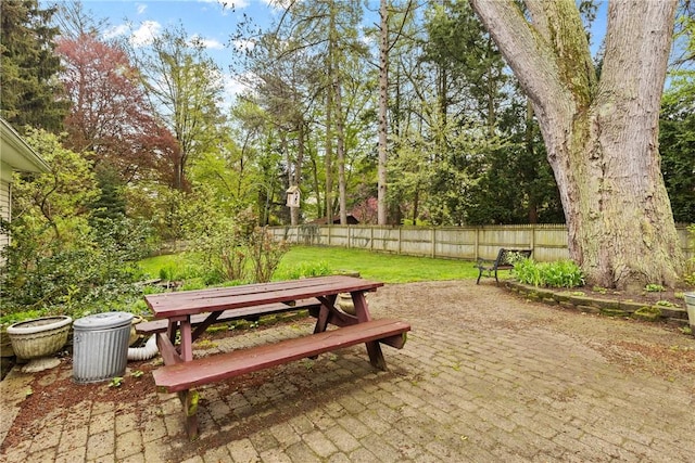 exterior space featuring outdoor dining area and a fenced backyard