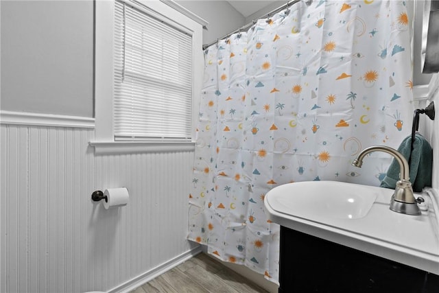 bathroom with a wainscoted wall and wood finished floors