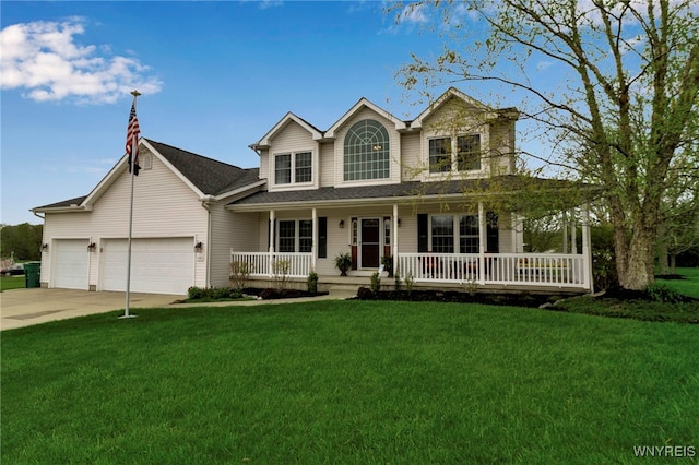 view of front facade featuring concrete driveway, a porch, a front lawn, and an attached garage
