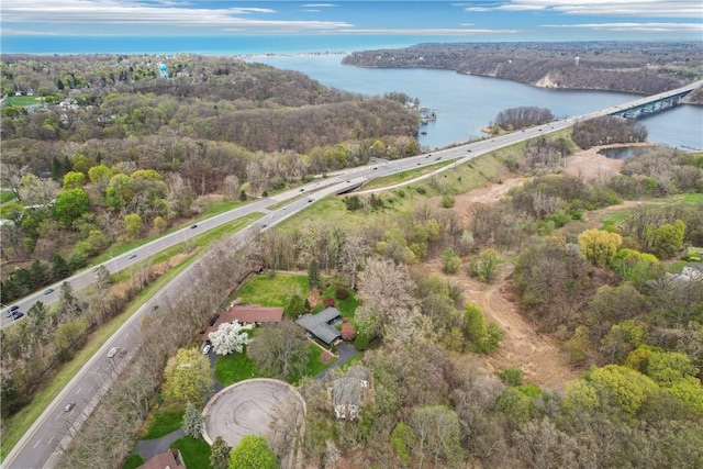 bird's eye view with a wooded view and a water view