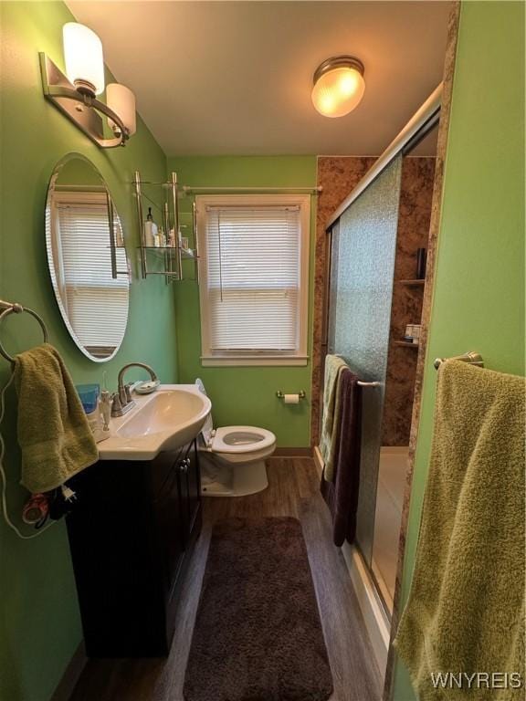 797 Van Rensselaer Ave, Niagara Falls, NY 14305 - bathroom with plenty of natural light, toilet, a shower stall, vanity, and wood finished floors