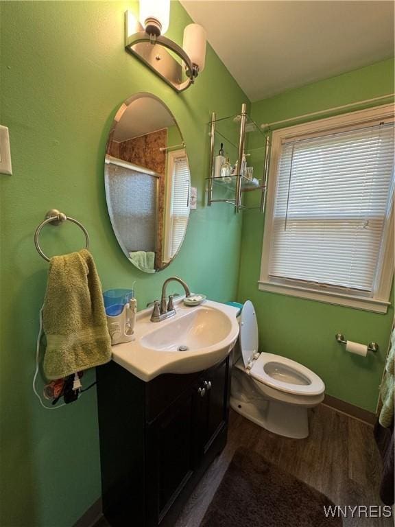 797 Van Rensselaer Ave, Niagara Falls, NY 14305 - bathroom featuring toilet, a shower with door, vanity, and wood finished floors