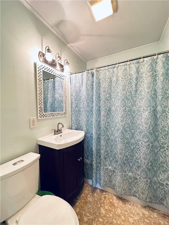 616 Hart St, Elmira-City, NY 14901 - bathroom with vanity, ornamental molding, and toilet