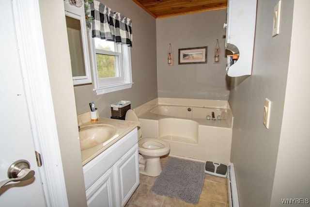 full bathroom featuring a garden tub, toilet, tile patterned floors, wooden ceiling, and vanity