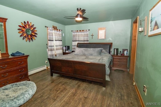 bedroom featuring baseboards, baseboard heating, ceiling fan, and wood finished floors