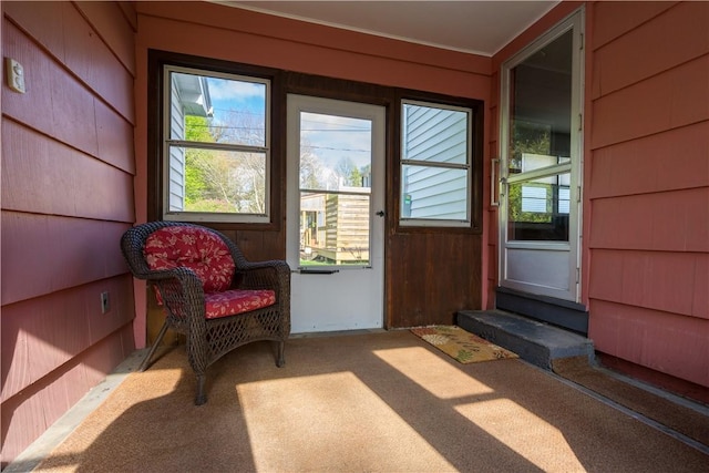 doorway to outside with carpet flooring and wood walls