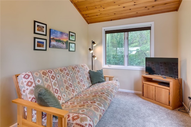 carpeted living room featuring lofted ceiling, baseboards, and wood ceiling