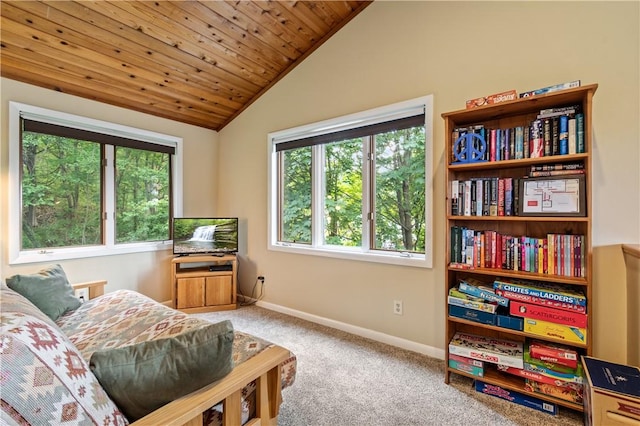 sitting room featuring plenty of natural light, vaulted ceiling, carpet floors, baseboards, and wood ceiling