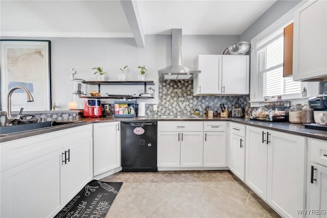 kitchen with wall chimney range hood, black appliances, a sink, dark countertops, and beamed ceiling