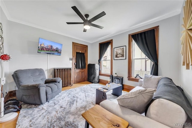living room featuring light wood-type flooring, a ceiling fan, and crown molding