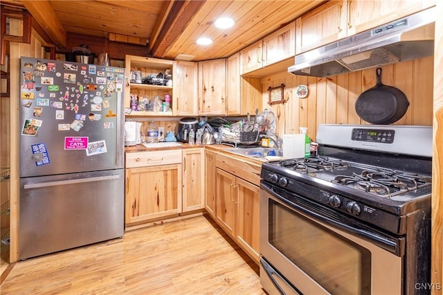 kitchen with stainless steel appliances, under cabinet range hood, light wood-style flooring, wooden ceiling, and a sink