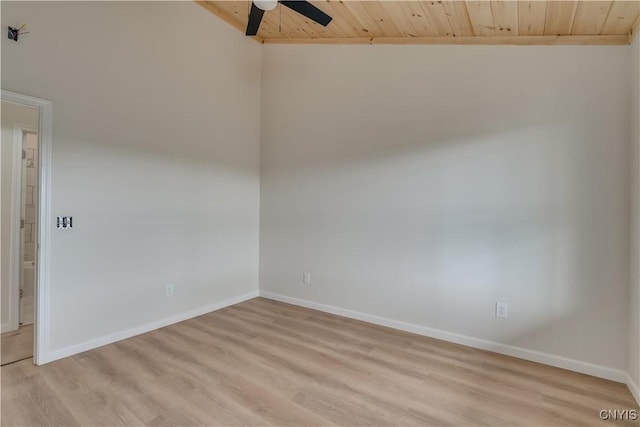 26593 State Route 283, Le Ray, NY 13601 - empty room featuring wooden ceiling, a ceiling fan, light wood finished floors, baseboards, and vaulted ceiling