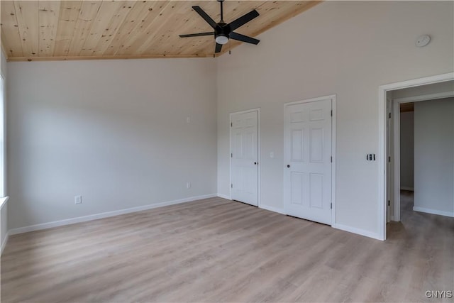 26593 State Route 283, Le Ray, NY 13601 - unfurnished bedroom featuring wooden ceiling, high vaulted ceiling, light wood finished floors, baseboards, and ceiling fan