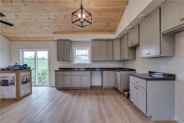 26593 State Route 283, Le Ray, NY 13601 - kitchen with wooden ceiling, dark countertops, light wood finished floors, plenty of natural light, and gray cabinets