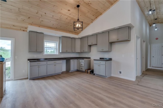 26593 State Route 283, Le Ray, NY 13601 - kitchen featuring gray cabinets, wooden ceiling, baseboards, light wood finished floors, and pendant lighting