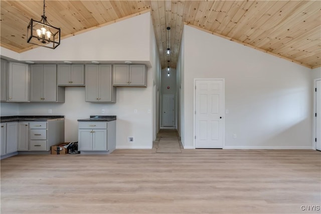26593 State Route 283, Le Ray, NY 13601 - kitchen with gray cabinetry, wooden ceiling, light wood-style floors, a chandelier, and baseboards