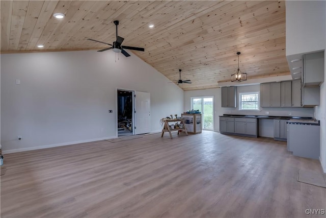 26593 State Route 283, Le Ray, NY 13601 - living area with high vaulted ceiling, wooden ceiling, ceiling fan, recessed lighting, and baseboards