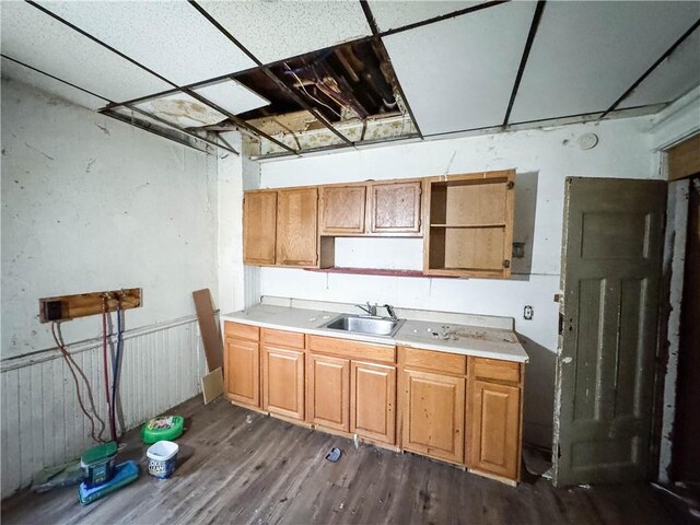 13 Brooklyn St, Rochester, NY 14613 - kitchen with a sink, dark wood finished floors, light countertops, a wainscoted wall, and brown cabinetry