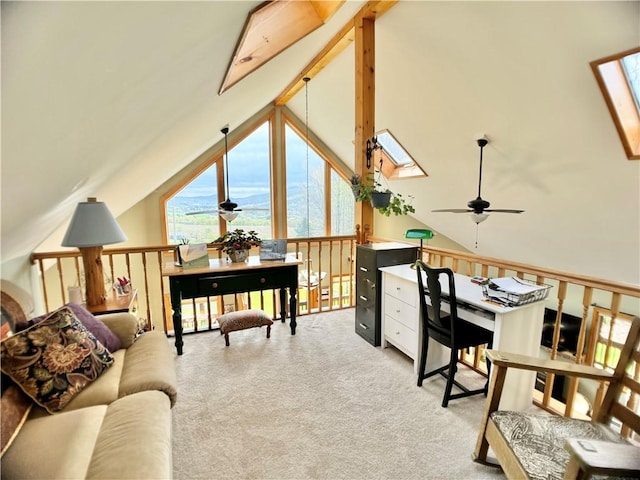 575 Harper Rd, Harpersfield, NY 13786 - home office featuring light colored carpet, vaulted ceiling, a ceiling fan, plenty of natural light, and a water view